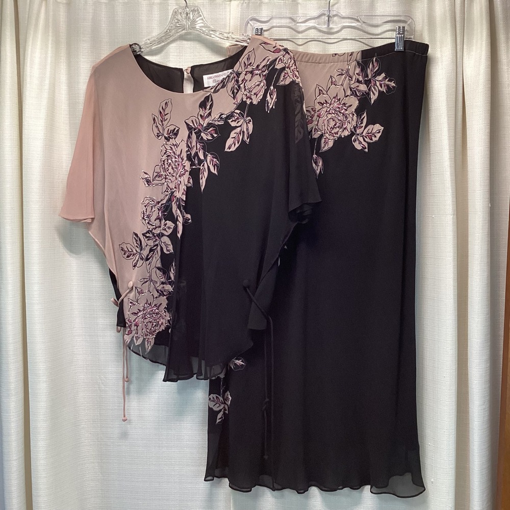 Adrianna Papell Silk Floral Beaded Blouse Maxi Skirt Set Black Mauve 16W Formal
